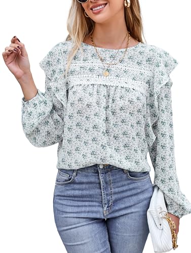 VOGMATE Damen Bluse Langarm Tunika Elegant Rüsche Casual Oberteile mit Rundhalsausschnitt Shirt Blouses for Women von VOGMATE