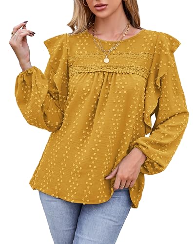 VOGMATE Damen Bluse Langarm Tunika Elegant Rüsche Casual Oberteile mit Rundhalsausschnitt Shirt Blouses for Women von VOGMATE