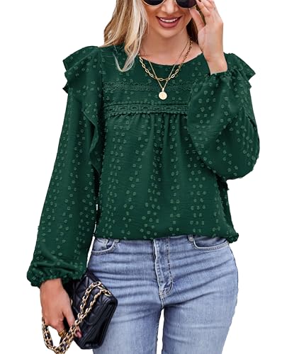 VOGMATE Damen Bluse Langarm Tunika Elegant Rüsche Casual Oberteile mit Rundhalsausschnitt Shirt Blouses for Women von VOGMATE