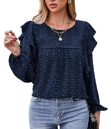 VOGMATE Damen Bluse Langarm Tunika Elegant Rüsche Casual Oberteile mit Rundhalsausschnitt Shirt Blouses for Women von VOGMATE