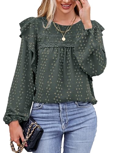 VOGMATE Damen Bluse Langarm Tunika Elegant Rüsche Casual Oberteile mit Rundhalsausschnitt Shirt Blouses for Women von VOGMATE