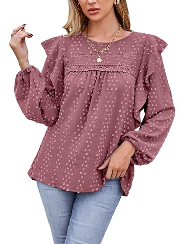 VOGMATE Damen Bluse Langarm Tunika Elegant Rüsche Casual Oberteile mit Rundhalsausschnitt Shirt Blouses for Women von VOGMATE