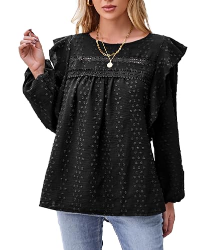 VOGMATE Damen Bluse Langarm Tunika Elegant Rüsche Casual Oberteile mit Rundhalsausschnitt Shirt Blouses for Women von VOGMATE