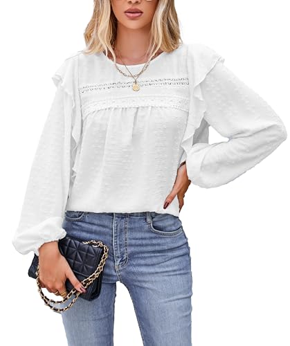 VOGMATE Damen Bluse Langarm Tunika Elegant Rüsche Casual Oberteile mit Rundhalsausschnitt Shirt Blouses for Women von VOGMATE