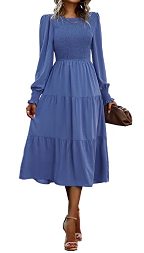 VOGMATE Damen Casual Smocked Kleid Langarm Rundhalsausschnitt High Waist Tiered Midi Kleid, Blau L von VOGMATE