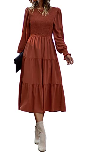 VOGMATE Damen Casual Smocked Kleid Langarm Rundhalsausschnitt High Waist Tiered Midi Kleid, Braun L von VOGMATE