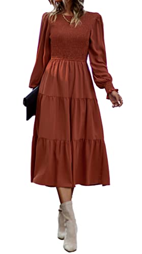 VOGMATE Damen Casual Smocked Kleid Langarm Rundhalsausschnitt High Waist Tiered Midi Kleid, Braun XL von VOGMATE
