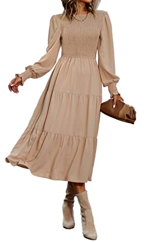 VOGMATE Damen Casual Smocked Kleid Langarm Rundhalsausschnitt High Waist Tiered Midi Kleid, Khaki S von VOGMATE