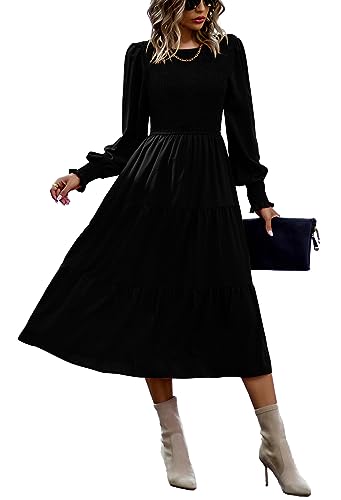 VOGMATE Damen Casual Smocked Kleid Langarm Rundhalsausschnitt High Waist Tiered Midi Kleid, Schwarz L von VOGMATE