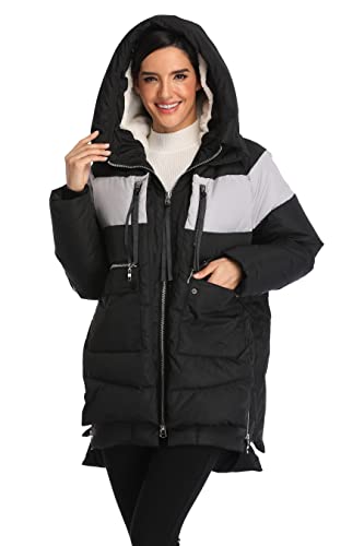 VOGMATE Damen Daunenjacke mit Kapuze Winter Dicke warme Daunenjacke Winddichter Mantel für Damen,Schwarz weiß 2XL von VOGMATE