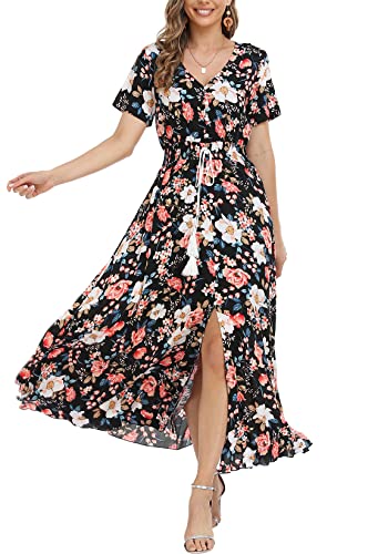 VOGMATE Boho Kleid Damen Lange V-Ausschnitt Kurzarm Blumen Maxikleider Damen Sommer Strandkleid Sommerkleid Herbstkleid Partykleid Blumenkleid Elegant mit Schlitz von VOGMATE