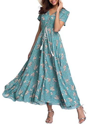 VOGMATE Boho Kleid Damen Lange V-Ausschnitt Kurzarm Blumen Maxikleider Damen Sommer Strandkleid Sommerkleid Herbstkleid Partykleid Blumenkleid Elegant mit Schlitz von VOGMATE