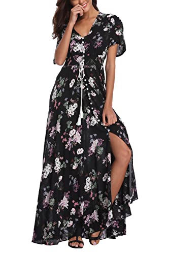 VOGMATE Boho Kleid Damen Lange V-Ausschnitt Kurzarm Blumen Maxikleider Damen Sommer Strandkleid Sommerkleid Herbstkleid Partykleid Blumenkleid Elegant mit Schlitz von VOGMATE