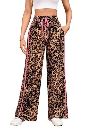VOGMATE Hose Damen Jogginghose Weites Bein Sporthose Yogahose Sweatpants Y2K Leopardenmuster Freizeithose Trainingshose High Waist Trousers for Women von VOGMATE