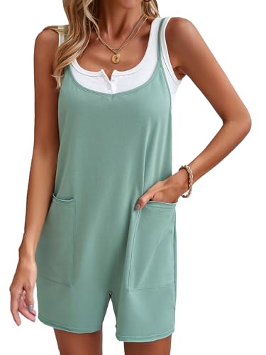 VOGMATE Jumpsuit Damen Kurz Ärmellos Sommer Romper Lässige Hosenträger Shorts Locker Overall Playsuit mit Taschen One Piece Outfits Grün S von VOGMATE