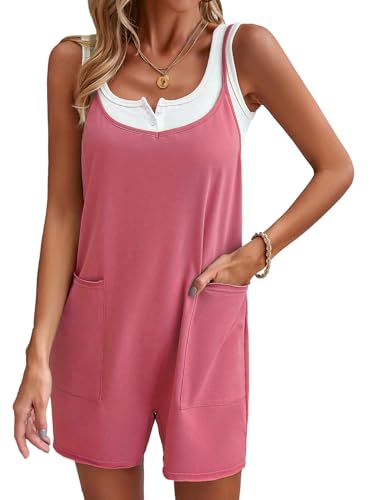 VOGMATE Jumpsuit Damen Kurz Ärmellos Sommer Romper Lässige Hosenträger Shorts Locker Overall Playsuit mit Taschen One Piece Outfits Rose S von VOGMATE