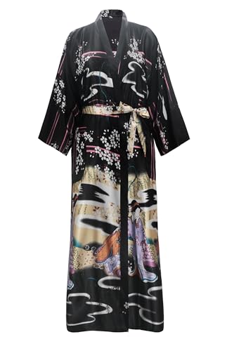 VOGMATE Kimono Bademantel Damen Lang 3XL Große Größen Satin Morgenmantel Leicht Japanisch Kimono Yukata Pagode Schwarz von VOGMATE