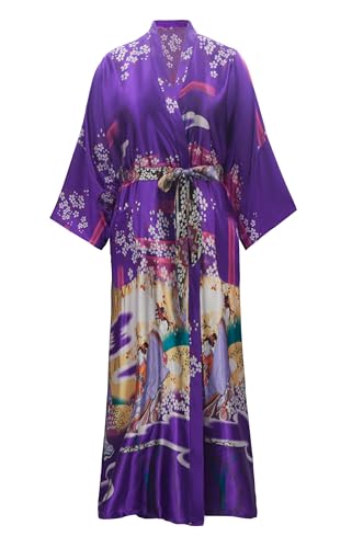 VOGMATE Kimono Bademantel Damen Lang 4XL Große Größen Satin Morgenmantel Leicht Japanisch Kimono Yukata Sakura Ukiyoe Lila von VOGMATE