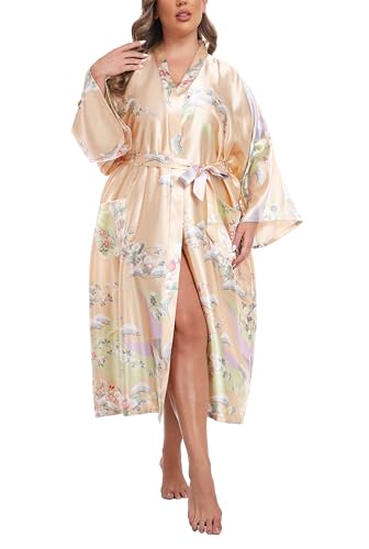 VOGMATE Kimono Bademantel Damen Lang XL Große Größen Satin Morgenmantel Leicht Japanisch Kimono Yukata Blumen Champagner von VOGMATE