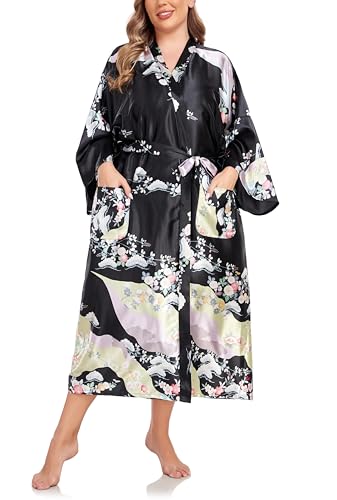 VOGMATE Kimono Bademantel Damen Lang XL Große Größen Satin Morgenmantel Leicht Japanisch Kimono Yukata Blumen Schwarz von VOGMATE