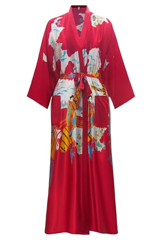 VOGMATE Kimono Bademantel Damen Lang XXL Große Größen Satin Morgenmantel Leicht Japanisch Kimono Yukata Pagode Rot von VOGMATE