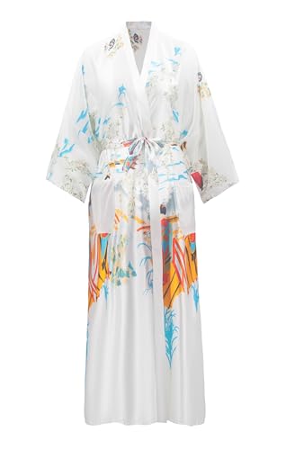 VOGMATE Kimono Bademantel Damen Lang XXL Große Größen Satin Morgenmantel Leicht Japanisch Kimono Yukata Pagode Weiß von VOGMATE