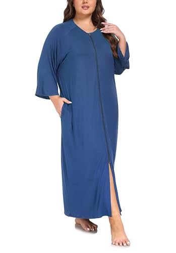 VOGMATE Morgenmantel Damen Große Größen Dünner Frottee Lang Leichter Bademantel mit Reißverschluss Kuschelig Übergröße Hausmantel Bathrobe for Women von VOGMATE