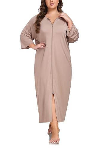 VOGMATE Morgenmantel Damen Große Größen Dünner Frottee Lang Leichter Bademantel mit Reißverschluss Kuschelig Übergröße Hausmantel Bathrobe for Women von VOGMATE
