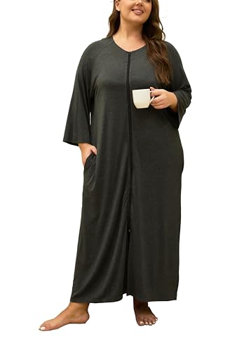 VOGMATE Morgenmantel Damen Große Größen Dünner Frottee Lang Leichter Bademantel mit Reißverschluss Kuschelig Übergröße Hausmantel Bathrobe for Women von VOGMATE