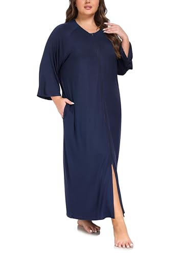 VOGMATE Morgenmantel Damen Große Größen Dünner Frottee Lang Leichter Bademantel mit Reißverschluss Kuschelig Übergröße Hausmantel Bathrobe for Women von VOGMATE