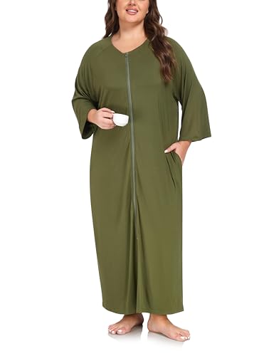 VOGMATE Morgenmantel Damen Große Größen Dünner Frottee Lang Leichter Bademantel mit Reißverschluss Kuschelig Übergröße Hausmantel Bathrobe for Women von VOGMATE