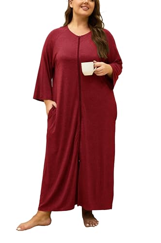 VOGMATE Morgenmantel Damen Große Größen Dünner Frottee Lang Leichter Bademantel mit Reißverschluss Kuschelig Übergröße Hausmantel Bathrobe for Women von VOGMATE