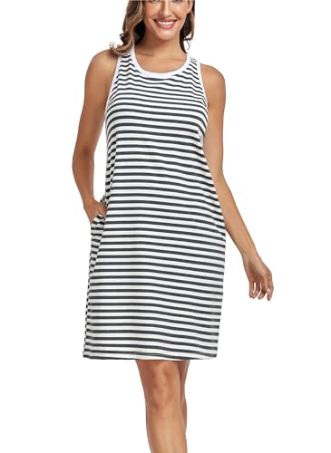 VOGMATE Nachthemd Damen Ärmellos Streifen Kurz Nachtkleid Baumwolle Sommer Schlafshirt Breite Schultergurte Nachtwäsche Sleepshirt mit Tasche Dunkelgrau Weiß S von VOGMATE