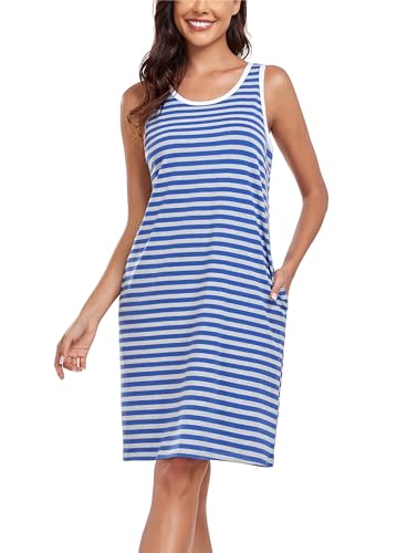 VOGMATE Nachthemd Damen Ärmellos Streifen Kurz Nachtkleid Baumwolle Sommer Schlafshirt Breite Schultergurte Nachtwäsche Sleepshirt mit Tasche Grau Blau XXL von VOGMATE