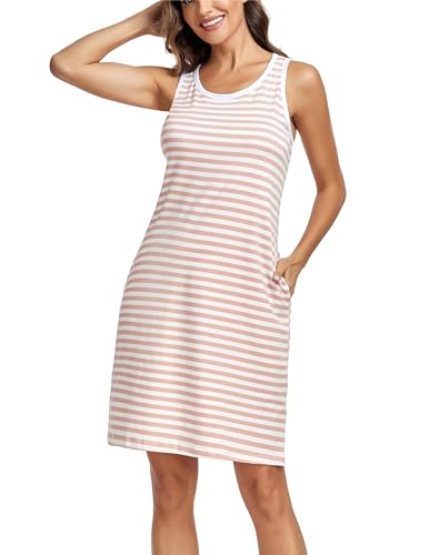 VOGMATE Nachthemd Damen Ärmellos Streifen Kurz Nachtkleid Baumwolle Sommer Schlafshirt Breite Schultergurte Nachtwäsche Sleepshirt mit Tasche Rosa Weiß XXL von VOGMATE