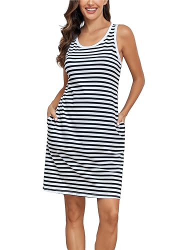 VOGMATE Nachthemd Damen Ärmellos Streifen Kurz Nachtkleid Baumwolle Sommer Schlafshirt Breite Schultergurte Nachtwäsche Sleepshirt mit Tasche Schwarz Weiß XXL von VOGMATE
