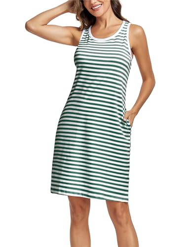 VOGMATE Nachthemd Damen Ärmellos Streifen Kurz Nachtkleid Baumwolle Sommer Schlafshirt Breite Schultergurte Nachtwäsche Sleepshirt mit Tasche Weiß Grün XL von VOGMATE