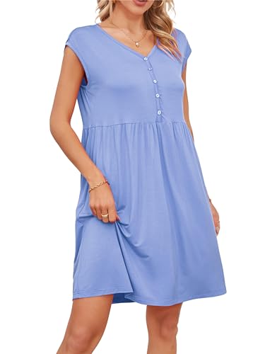 VOGMATE Nachthemd Damen Ärmelloses Sexy Kurz Negligee mit Knopfleiste V-Ausschnitt Schlafkleid Nachtkleid Sleepshirt Blau L von VOGMATE