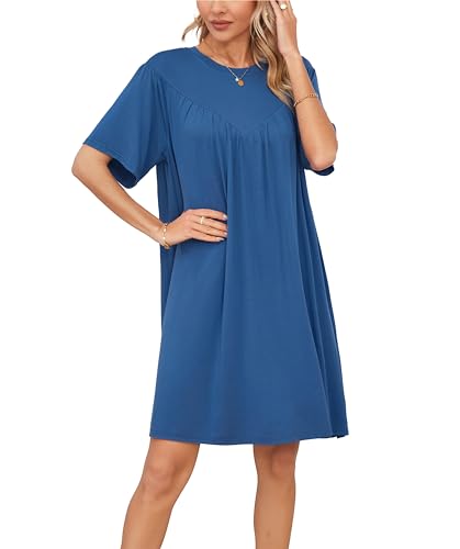 VOGMATE Nachthemd Damen Kurzarm Loses T-Shirt Oversize Schlafkleid Negligee Nachtkleid Große Größen Sleepshirt Blau XXL von VOGMATE