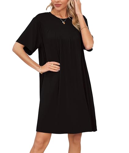 VOGMATE Nachthemd Damen Kurzarm Loses T-Shirt Oversize Schlafkleid Negligee Nachtkleid Große Größen Sleepshirt Schwarz L von VOGMATE