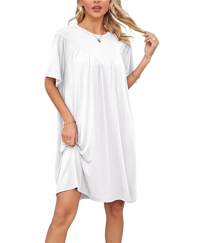 VOGMATE Nachthemd Damen Kurzarm Loses T-Shirt Oversize Schlafkleid Negligee Nachtkleid Große Größen Sleepshirt Weiß L von VOGMATE