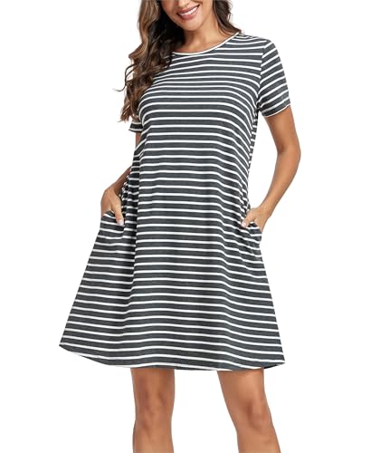 VOGMATE Nachthemd Damen Kurzarm Streifen Nachtkleid Baumwolle Nachtwäsche Schlafshirt Sleepshirt mit Taschen Dunkelgrau & Weiß XL von VOGMATE