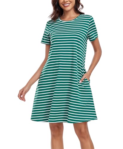 VOGMATE Nachthemd Damen Kurzarm Streifen Nachtkleid Baumwolle Nachtwäsche Schlafshirt Sleepshirt mit Taschen Grün & Weiß XXL von VOGMATE