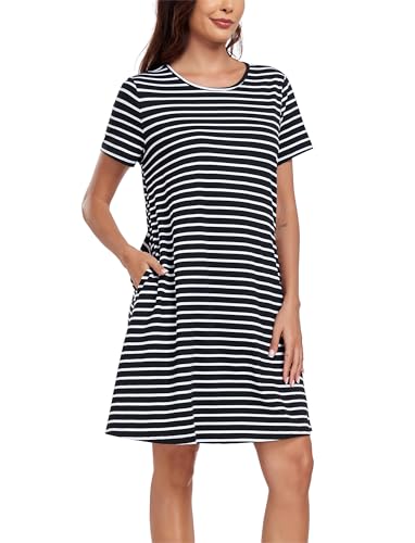 VOGMATE Nachthemd Damen Kurzarm Streifen Nachtkleid Baumwolle Nachtwäsche Schlafshirt Sleepshirt mit Taschen Schwarz & Weiß XXL von VOGMATE