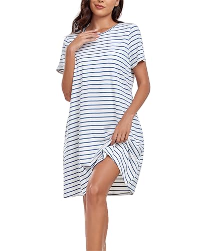 VOGMATE Nachthemd Damen Kurzarm Streifen Nachtkleid Baumwolle Nachtwäsche Schlafshirt Sleepshirt mit Taschen Weiß & Blau XXL von VOGMATE