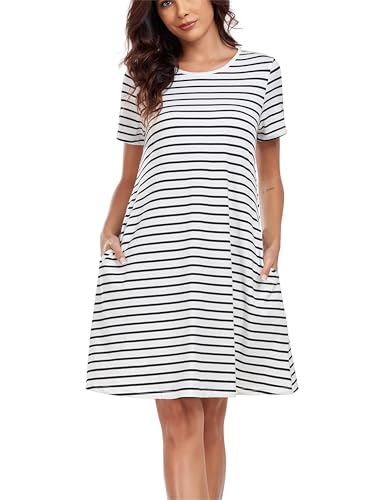 VOGMATE Nachthemd Damen Kurzarm Streifen Nachtkleid Baumwolle Nachtwäsche Schlafshirt Sleepshirt mit Taschen Weiß & Schwarz XXL von VOGMATE