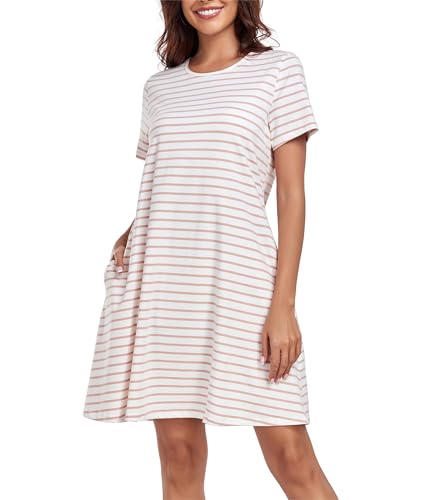VOGMATE Nachthemd Damen Kurzarm Streifen Nachtkleid Baumwolle Nachtwäsche Schlafshirt Sleepshirt mit Taschen weiß & Pink XXL von VOGMATE