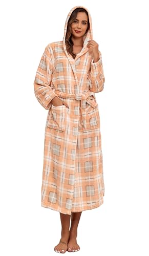 VOGMATE Plüsch-Bademantel für Damen und Herren, mit Kapuze, Flanell, Fleece, weich, warm, kariert, langer Hausmantel, W Plaid Pink & Grau, Small-Medium von VOGMATE