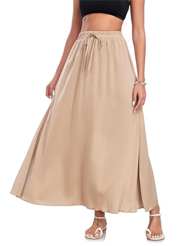 VOGMATE Rock Lang Damen Elegant A Linie Röcke Elastische Taille Freizeitrock Maxirock Mit Kordelzug Einfarbig Long Skirt Khaki L von VOGMATE