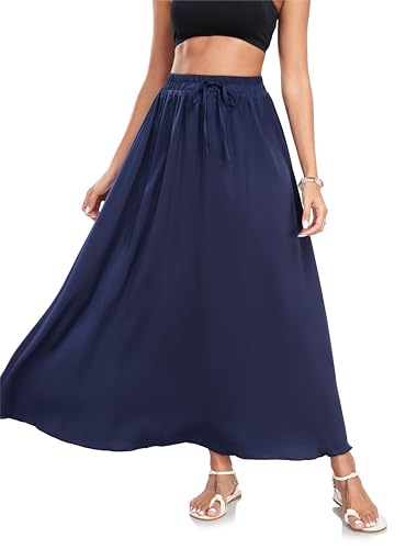 VOGMATE Rock Lang Damen Elegant A Linie Röcke Elastische Taille Freizeitrock Maxirock Mit Kordelzug Einfarbig Long Skirt Kriegsmarine XXL von VOGMATE